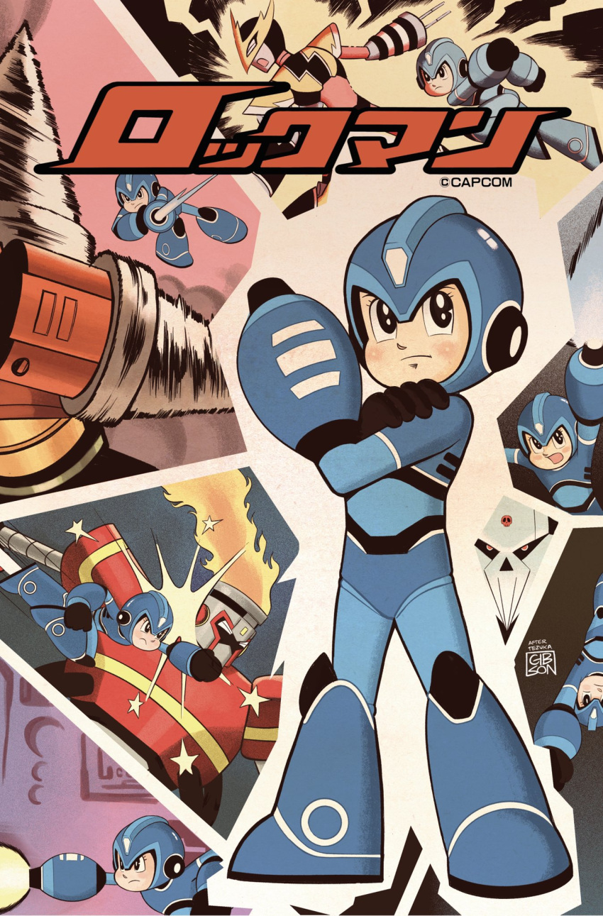 5boys android arm_cannon blue_eyes commentary cover drill_man elec_man energy_beam english_commentary fire_man helmet highres ikehara_shigeto_(style) jordan_gibson mega_man:_fully_charged mega_man_(character) mega_man_(classic) mega_man_(series) multiple_boys open_mouth parody punching retro_artstyle signature skull_man_(mega_man) style_parody tetsuwan_atom weapon