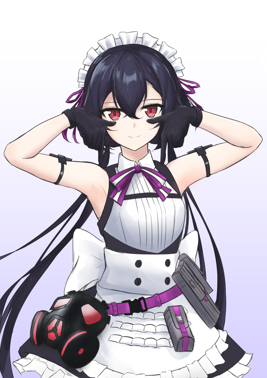 1girl absurdres apron arm_strap armpits arms_up bare_shoulders belt_pouch black_dress black_gloves black_hair bow bowtie counter_side dress frills gas_mask gloves gradient gradient_background hair_between_eyes highres kjg003 lily_(counter_side) long_hair looking_at_viewer low_twintails maid maid_apron maid_headdress pointing pointing_down pouch red_eyes sleeveless sleeveless_dress smile solo strap twintails upper_body waist_apron wing_collar