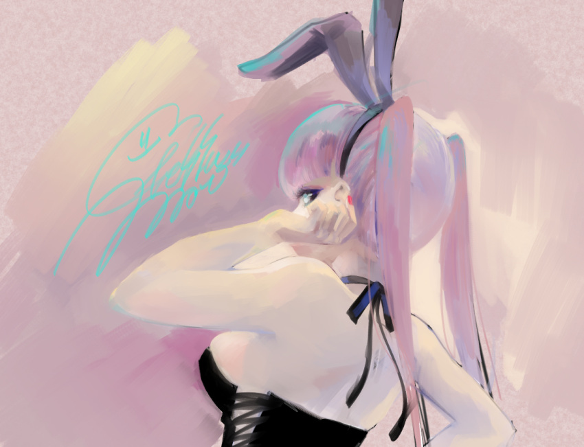 1girl animal_ears bare_arms bare_shoulders blue_choker blue_eyes blue_ribbon breasts choker covered_mouth fake_animal_ears from_behind geshumaro hand_up leotard looking_at_viewer looking_back medium_breasts original pink_background pink_hair playboy_bunny rabbit_ears ribbon sideways_glance signature solo strapless strapless_leotard twintails