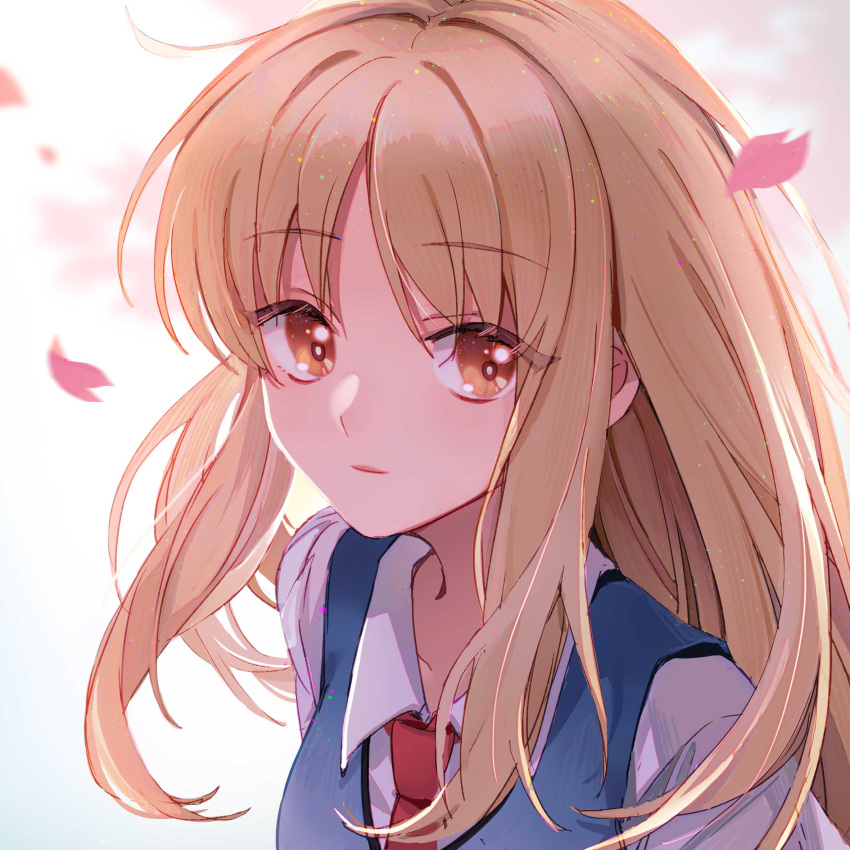 1girl bangs blonde_hair blue_vest blurry blurry_background brown_eyes cherry_blossoms collared_shirt commentary_request eyebrows_visible_through_hair highres long_hair looking_to_the_side nauxii necktie parted_lips petals portrait red_neckwear sakura-sou_no_pet_na_kanojo school_uniform shiina_mashiro shirt simple_background solo vest white_background white_shirt