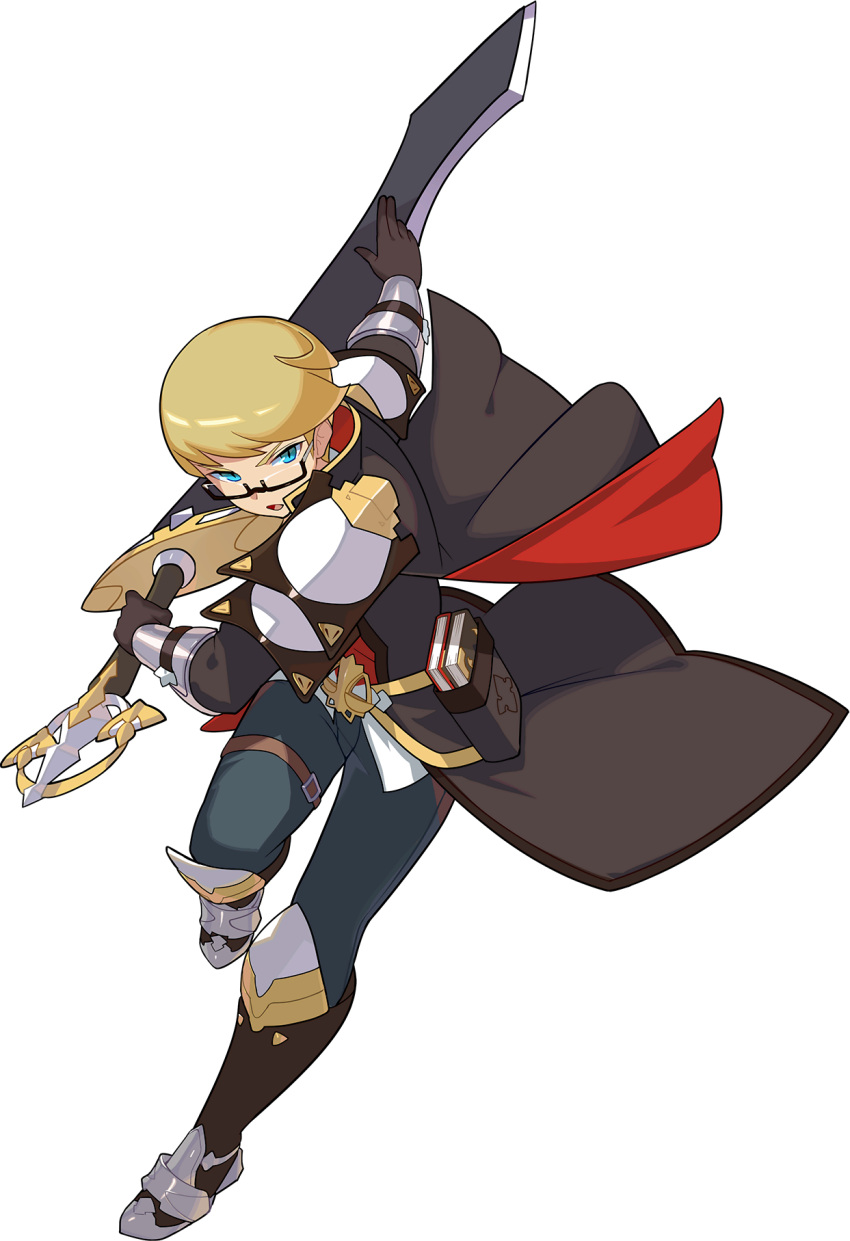 1boy aqua_pants arm_up armor armored_boots artist_request bangs belt black-framed_eyewear black_cape black_coat black_gloves blonde_hair blue_eyes book boots brown_footwear cape coat full_body glasses gloves hand_up high_collar highres holding holding_sword holding_weapon huge_weapon jake_(world_flipper) leg_up long_sleeves looking_at_viewer male_focus non-web_source official_art open_mouth outstretched_arm pouch semi-rimless_eyewear shiny shiny_hair short_hair shoulder_armor solo standing standing_on_one_leg swept_bangs sword thigh_strap transparent_background two-sided_cape two-sided_fabric v-shaped_eyebrows vambraces weapon world_flipper