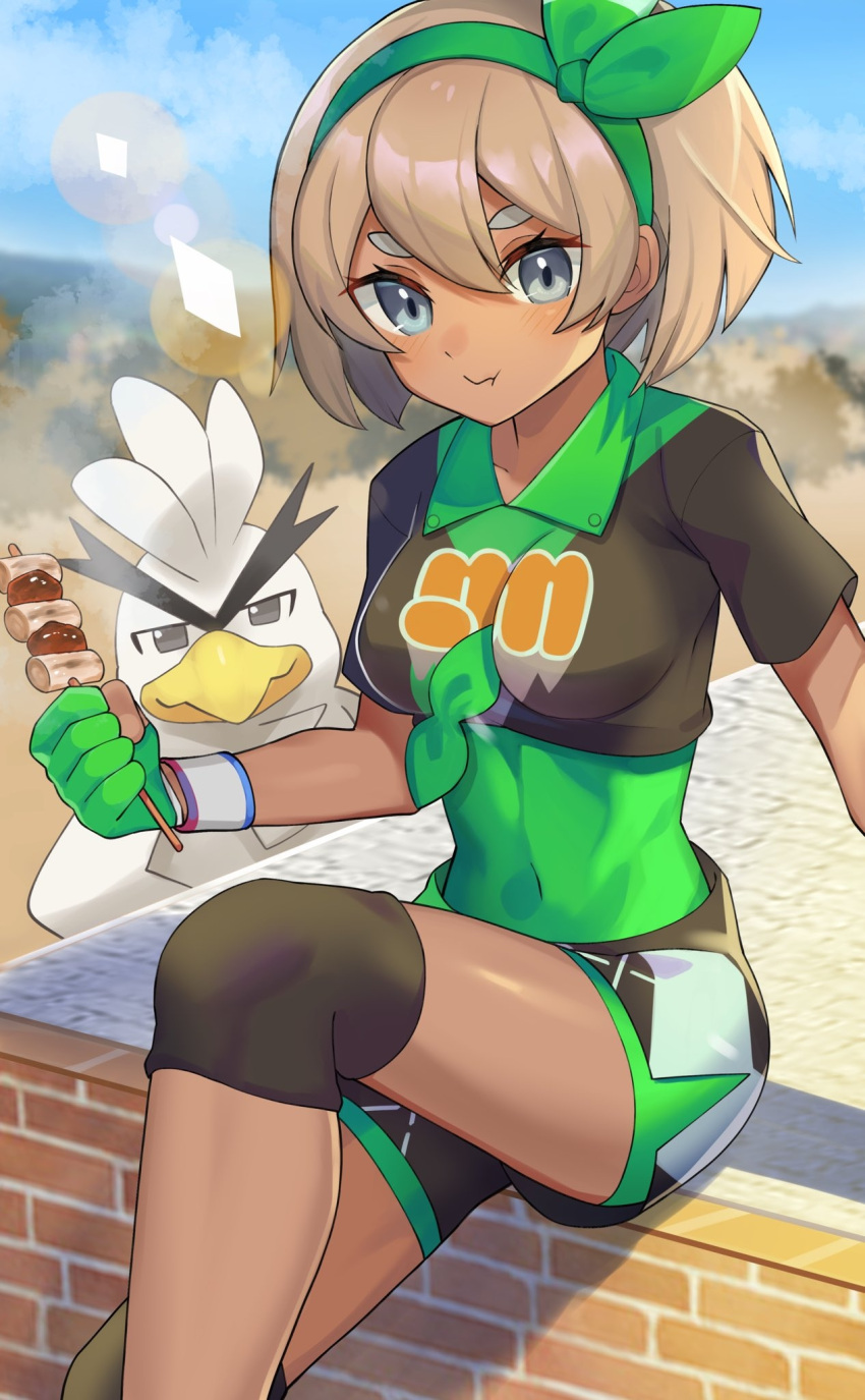 1girl :t bangs bea_(pokemon) blonde_hair blush bodysuit bodysuit_under_clothes bow_hairband breasts clouds collared_shirt commentary_request covered_navel dark-skinned_female dark_skin day dynamax_band eating eyelashes gen_8_pokemon gloves green_bodysuit green_hairband grey_eyes hair_between_eyes hairband highres holding katwo knee_pads looking_at_viewer outdoors partially_fingerless_gloves pokemon pokemon_(creature) pokemon_(game) pokemon_masters_ex print_shirt print_shorts shiny shiny_skin shirt short_hair short_sleeves shorts side_slit side_slit_shorts sirfetch'd sitting skewer sky