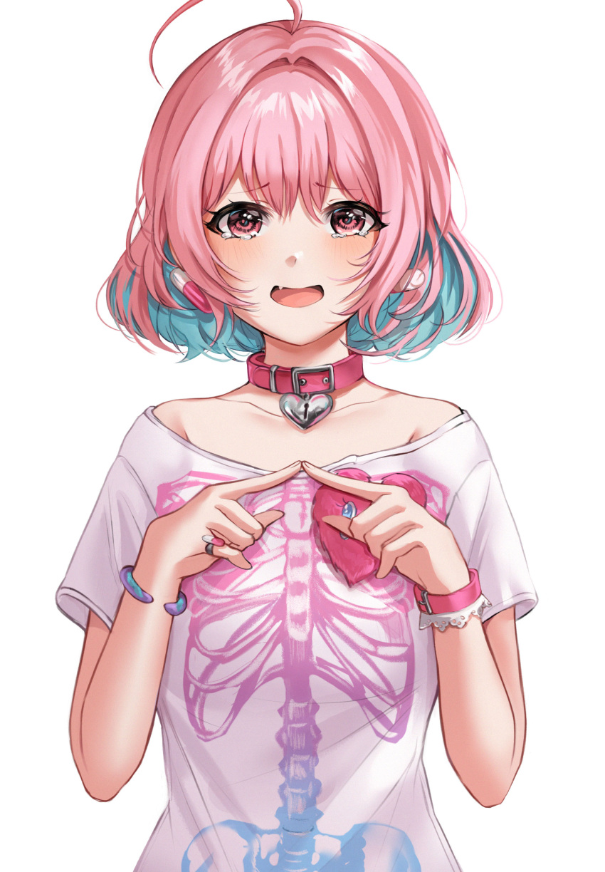 1girl absurdres ahoge bangs blue_hair blush collar colored_inner_hair commentary earrings eyebrows_visible_through_hair fang heart_collar highres idolmaster idolmaster_cinderella_girls idolmaster_cinderella_girls_starlight_stage index_fingers_together jewelry looking_at_viewer multicolored_hair open_mouth pill_earrings pink_collar pink_eyes pink_hair print_shirt ring shirt short_hair short_sleeves skeleton_print smile solo upper_body white_shirt wristband yumemi_riamu zipgaemi