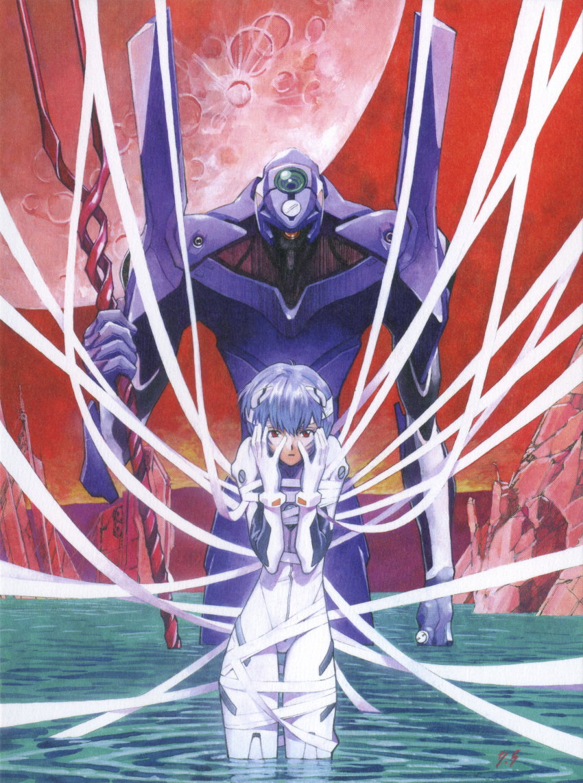 1girl absurdres ayanami_rei bandages bangs blue_hair bodysuit bracer breasts eva_00 full_moon gloves hair_between_eyes hands_on_own_face highres holding holding_weapon lance_of_longinus looking_at_viewer mecha moon neon_genesis_evangelion official_art one-eyed outdoors parted_lips pilot_suit plugsuit polearm red_eyes red_moon red_sky ruins sadamoto_yoshiyuki scan short_hair signature skinny sky small_breasts solo spear standing wading water weapon white_bodysuit