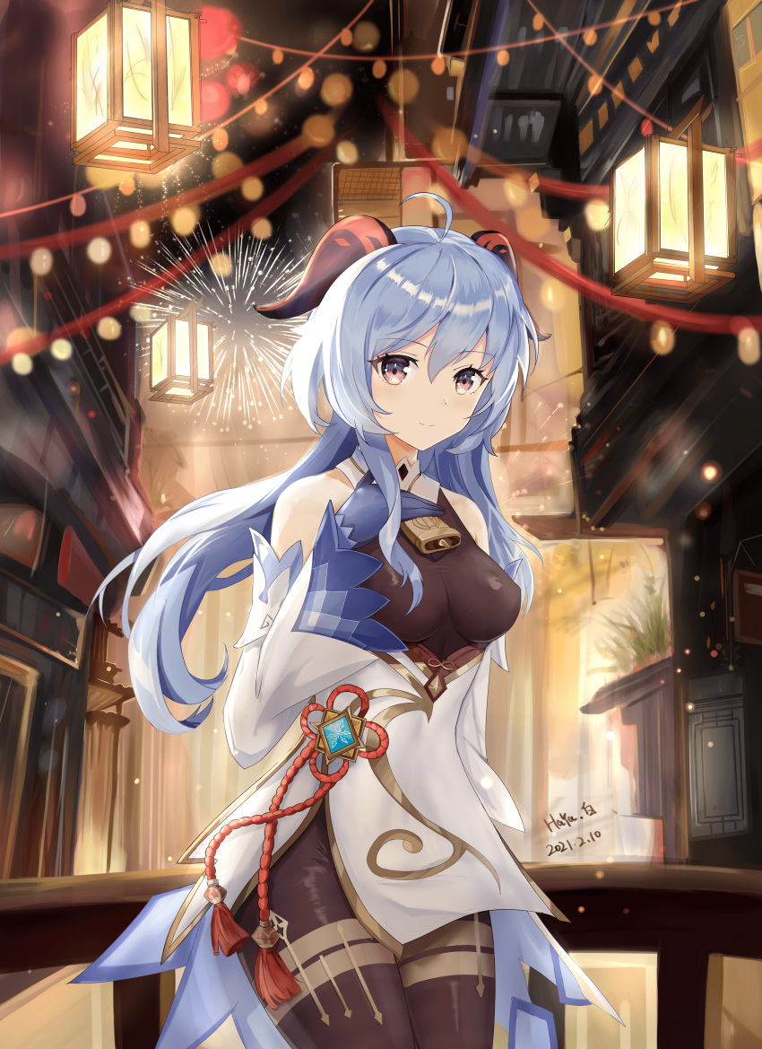 1girl absurdres ahoge architecture bai_qiangwei black_bodysuit black_gloves blue_hair bodysuit bodysuit_under_clothes breasts commentary_request curled_horns detached_sleeves dress east_asian_architecture ganyu_(genshin_impact) genshin_impact gloves goat_horns hair_between_eyes highres horns lantern light_smile long_hair looking_at_viewer medium_breasts railing short_dress sleeveless sleeveless_bodysuit sleeveless_dress solo violet_eyes white_dress white_sleeves wide_sleeves