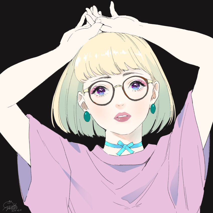 1girl absurdres bangs black_background blue_choker blunt_bangs bob_cut choker dated earrings geshumaro glasses hands_above_head hands_up highres jewelry looking_at_viewer original parted_lips pink_shirt shirt short_sleeves signature simple_background solo violet_eyes