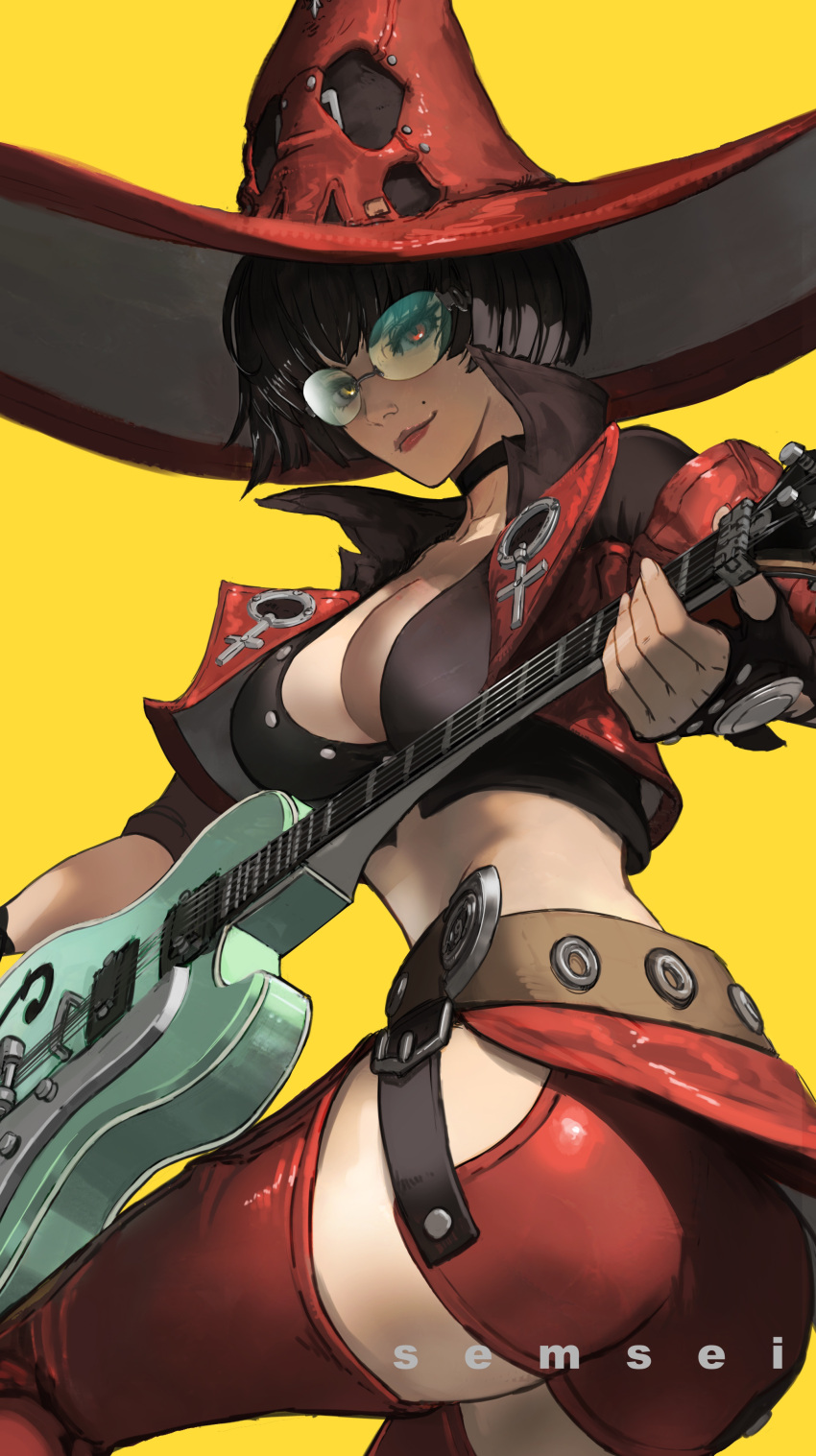 absurdres bangs belt belt_buckle buckle david_semsei electric_guitar fingerless_gloves gloves guilty_gear guilty_gear_strive guitar hat heterochromia highres i-no instrument jacket looking_at_viewer mole mole_above_mouth music playing_instrument red_headwear red_jacket red_lips short_hair sunglasses venus_symbol very_short_hair witch_hat yellow_background