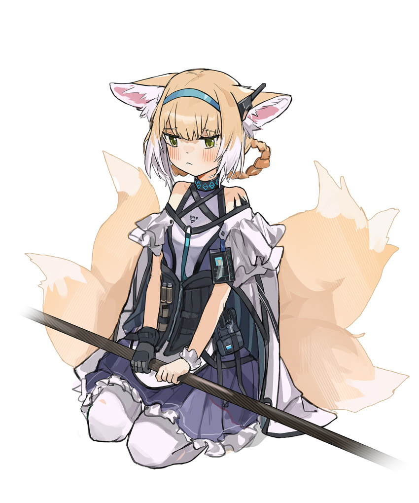 1girl animal_ears arknights bare_shoulders belt_pouch blonde_hair blue_hairband blue_ribbon blush cape chest_strap commentary dress embarrassed eyebrows_visible_through_hair fox_ears fox_tail frilled_cuffs frilled_dress frills full_body gloves green_eyes hair_rings hairband headset highres holding holding_staff id_card infection_monitor_(arknights) kyuubi multicolored_hair multiple_tails off-shoulder_dress off_shoulder oripathy_lesion_(arknights) pantyhose pouch purple_dress ribbon seiza single_glove sitting solo staff streaked_hair suzuran_(arknights) tail tearing_up torn_clothes torn_legwear white_background white_cape white_hair white_legwear wrist_cuffs yurooe