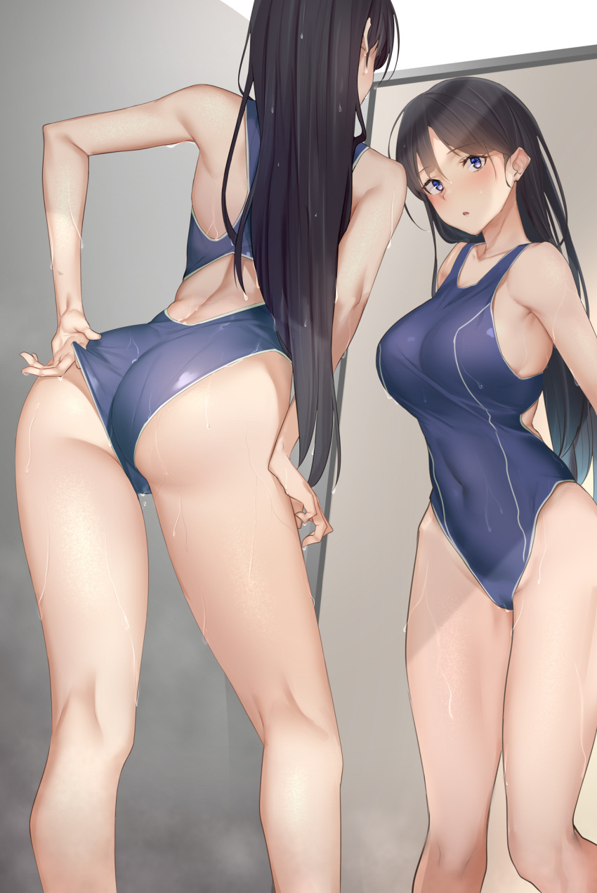 1girl adjusting_clothes adjusting_swimsuit ass back bangs bare_arms bare_legs bare_shoulders black_hair blue_eyes blush breasts commentary_request commission competition_swimsuit highres large_breasts long_hair looking_at_viewer multiple_views one-piece_swimsuit original pallad skeb_commission standing swimsuit wet