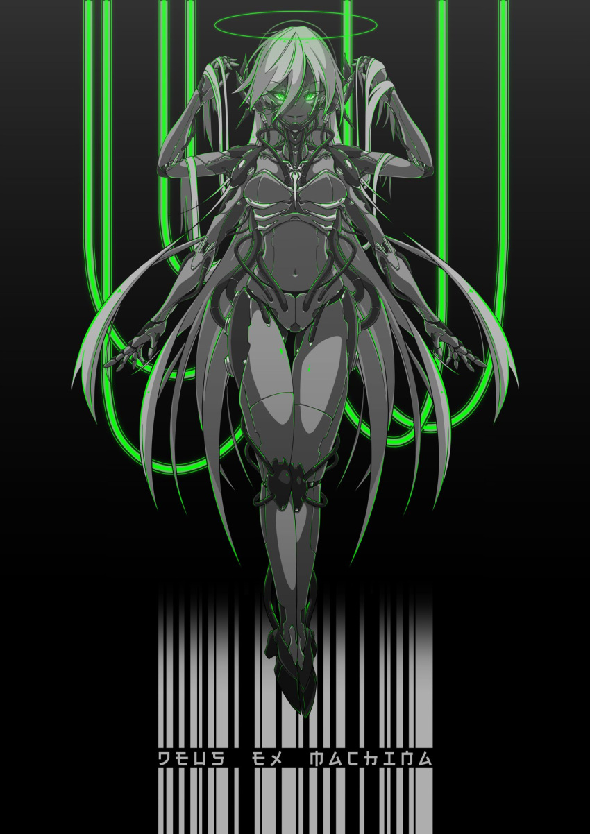 1girl 310o_sugar android arms_at_sides barcode colored_skin english_commentary extra_arms eyebrows_visible_through_hair full_body glowing glowing_eyes green_eyes green_theme grey_hair grey_skin hair_between_eyes halo hands_in_hair highres joints long_hair navel original piston robot_joints smirk solo tube very_long_hair