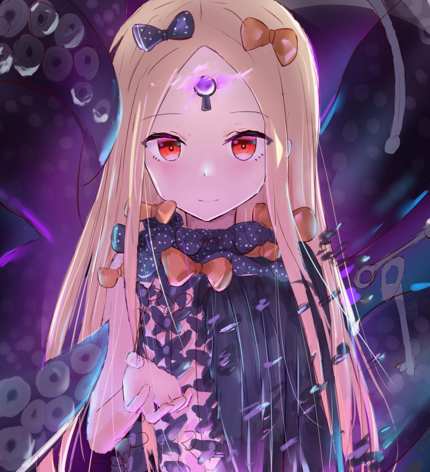 1girl abigail_williams_(fate) absurdres bangs blonde_hair blush bow breasts closed_mouth fate/grand_order fate_(series) forehead glowing glowing_eye hair_bow highres keyhole long_hair long_sleeves looking_at_viewer lshiki multiple_bows parted_bangs red_eyes sidelocks small_breasts smile tentacles third_eye