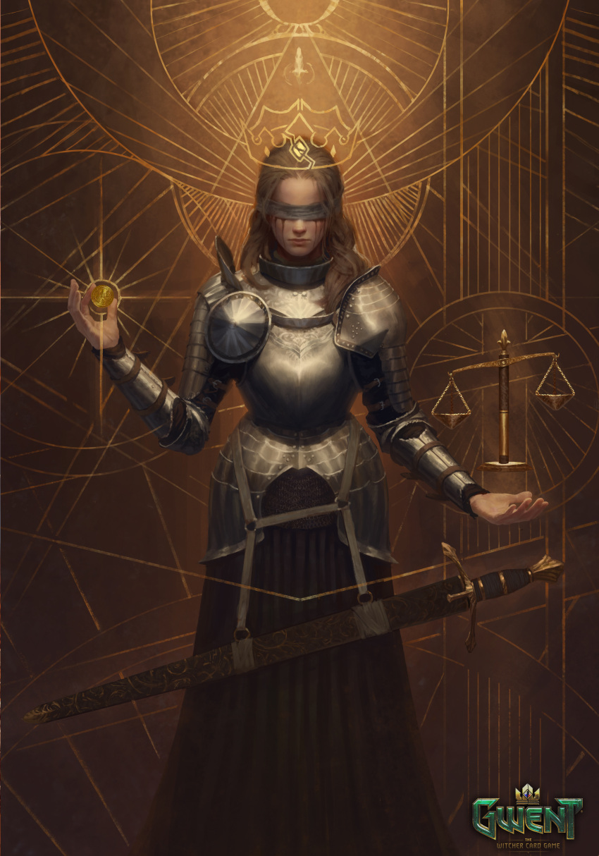 1girl absurdres armor blindfold breastplate brown_hair brown_skirt closed_eyes closed_mouth coin commentary drawn_crown english_commentary facing_viewer gold_coin gwent_(game) hair_slicked_back hand_up highres logo long_skirt manuel_castanon official_art pauldrons scabbard sheath sheathed shoulder_armor skirt solo standing sword tears weapon weighing_scale