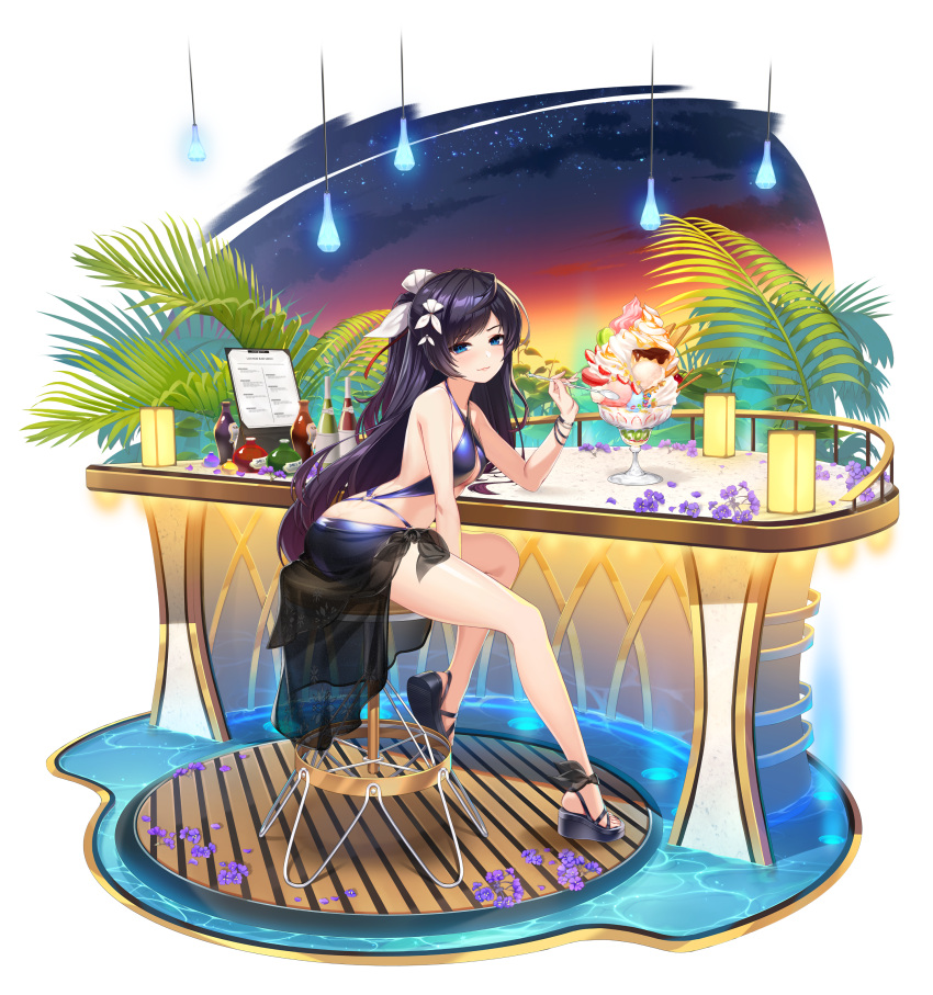 1girl absurdres ass bare_arms bare_shoulders bikini blue_bikini blue_eyes bottle breasts counter counter_side criss-cross_halter halterneck highres lamp leaf long_hair looking_at_viewer looking_to_the_side official_art parfait purple_hair rosaria_(counter_side) sandals sarong small_breasts smile solo stool swimsuit thighs transparent_background very_long_hair