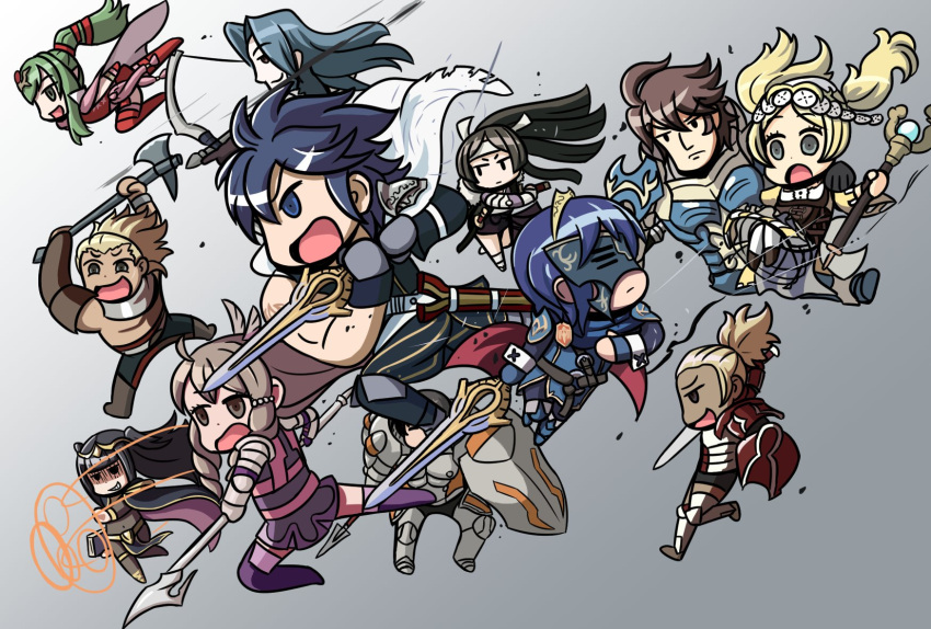 5boys 6+girls axe blonde_hair blue_hair box_art brown_hair butterfly_mask chibi chrom_(fire_emblem) english_commentary fire_emblem fire_emblem_awakening flavia_(fire_emblem) frederick_(fire_emblem) gradient gradient_background grey_background highres holding holding_axe holding_spear holding_sword holding_weapon kellam_(fire_emblem) lissa_(fire_emblem) lucina lucina_(fire_emblem) magic marth_(fire_emblem_awakening) mask multiple_boys multiple_girls parody polearm riyo_(lyomsnpmp)_(style) say'ri_(fire_emblem) shield spear style_parody sumia sword tharja_(fire_emblem) tiki_(fire_emblem) vaike_(fire_emblem) virion_(fire_emblem) weapon will_(willanator93)