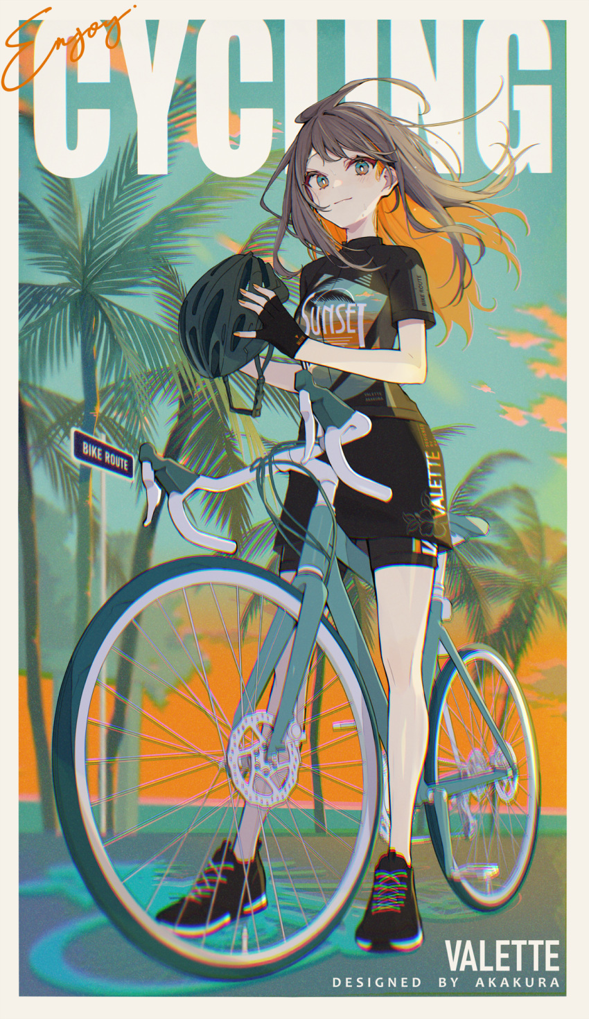 1girl akakura artist_name bare_legs bicycle bicycle_helmet bike_jersey bike_shorts black_footwear black_skirt blue_eyes border brown_hair closed_mouth clothes_writing commentary_request company_name english_text evening floating_hair full_body ground_vehicle headwear_removed helmet helmet_removed highres holding holding_helmet horizon long_hair looking_at_viewer miniskirt official_art orange_sky original outdoors palm_tree shoes short_sleeves shorts shorts_under_skirt skirt sky smile sneakers solo standing tree white_border