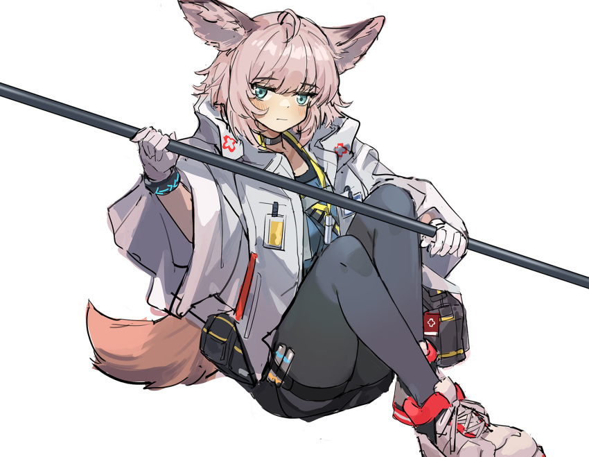 1girl ahoge animal_ears arknights bag black_choker black_legwear black_skirt blue_eyes choker closed_mouth eyebrows_visible_through_hair fox_ears fox_girl fox_tail gloves hands_up highres holding holding_staff hood hooded_jacket infection_monitor_(arknights) jacket light_blush looking_at_viewer pantyhose pink_hair red_cross short_hair shoulder_bag simple_background sitting skirt solo staff sussurro_(arknights) tail thigh_strap white_background white_footwear white_gloves white_jacket yurooe