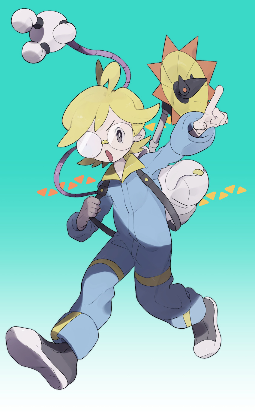 1boy absurdres ahoge backpack bag bangs blonde_hair clemont_(pokemon) full_body glasses gradient gradient_background grey_eyes gym_leader highres holding_strap jumpsuit long_sleeves male_focus mechanical_arms mimura_(nnnnnnnnmoo) open_mouth pointing pokemon pokemon_(game) pokemon_xy shoes single_mechanical_arm solo tongue