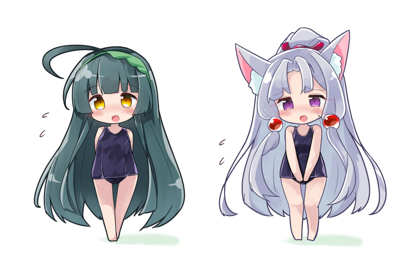 2girls ahoge animal_ear_fluff animal_ears bangs bare_arms bare_legs bare_shoulders barefoot black_swimsuit blush brown_eyes chibi commentary_request covered_navel flying_sweatdrops green_hair green_hairband hairband high_ponytail highres multiple_girls old_school_swimsuit one-piece_swimsuit open_mouth parted_bangs ponytail ryogo school_swimsuit silver_hair standing swimsuit touhoku_itako touhoku_zunko violet_eyes voiceroid white_background