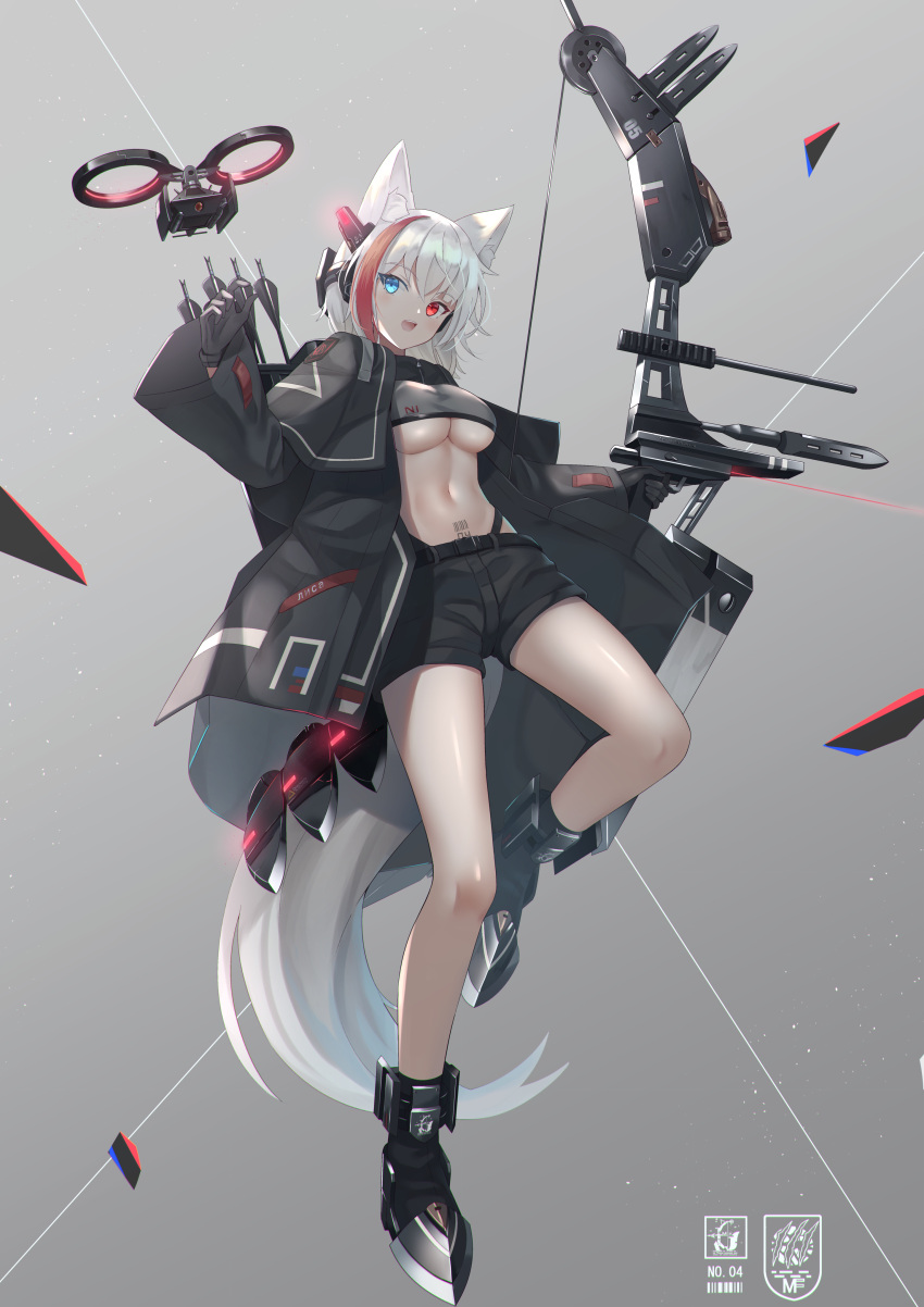 1girl :d absurdres animal_ear_fluff animal_ears ankle_boots armored_boots arrow_(projectile) bangs belt black_belt black_capelet black_coat black_footwear black_gloves black_panties black_shorts blue_eyes blush boots bow_(weapon) breasts capelet coat commentary crop_top drone error eyebrows_visible_through_hair fox_ears fox_tail full_body gloves glowing grey_shirt hair_between_eyes hand_up headgear heterochromia highleg highleg_panties highres holding holding_bow_(weapon) holding_weapon large_breasts logo long_sleeves looking_at_viewer mirufuaa multicolored_hair navel number_tattoo open_clothes open_coat open_mouth original panties quiver red_eyes redhead shirt short_shorts shorts sidelocks simple_background smile solo standing standing_on_one_leg stomach stomach_tattoo streaked_hair tail tattoo under_boob underwear upper_teeth weapon white_hair wide_sleeves