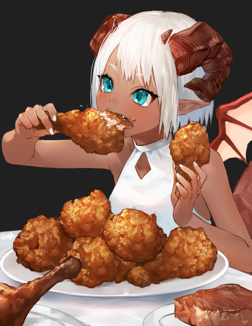 1girl aqua_eyes bangs bare_arms bare_shoulders black_background blue_eyes brown_wings collarbone commentary_request curled_horns dark-skinned_female dark_skin demon_girl demon_horns demon_wings eating food food_on_face fried_chicken highres holding holding_food horns meat nail_polish nima_(niru54) original plate pointy_ears shirt short_hair signature sleeveless sleeveless_shirt steak thick_eyebrows white_hair white_nails white_shirt wings