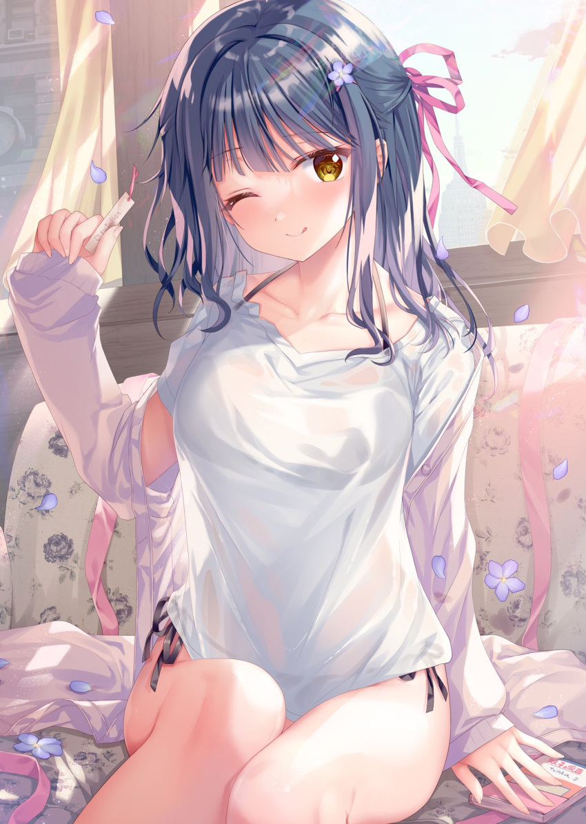 1girl ;) ;q bangs blue_hair book bra_strap collarbone commentary couch curtains day english_commentary eyebrows_visible_through_hair flower hair_flower hair_ornament hanahanamaki hand_up highres holding indoors jacket long_hair long_sleeves looking_at_viewer off_shoulder on_couch one_eye_closed original panties petals purple_flower purple_jacket red_ribbon ribbon shirt side-tie_panties sitting sleeves_past_wrists smile solo tongue tongue_out underwear white_shirt window yellow_eyes