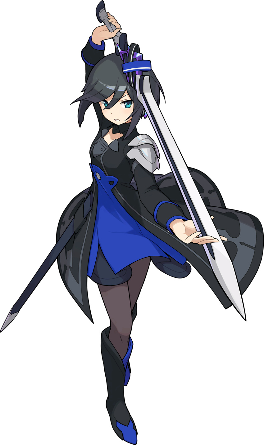 1girl aqua_eyes arm_up armor artist_request bangs black_dress black_footwear black_hair black_legwear blush boots breasts collarbone collared_dress dress earrings eyebrows_visible_through_hair full_body hand_up highres holding holding_sword holding_weapon jewelry knee_boots light_blush long_sleeves looking_at_viewer non-web_source official_art pantyhose parted_lips sheath shiny shiny_hair short_dress short_hair shoulder_armor sidelocks small_breasts solo standing sword teeth transparent_background trista_(world_flipper) v-shaped_eyebrows weapon world_flipper
