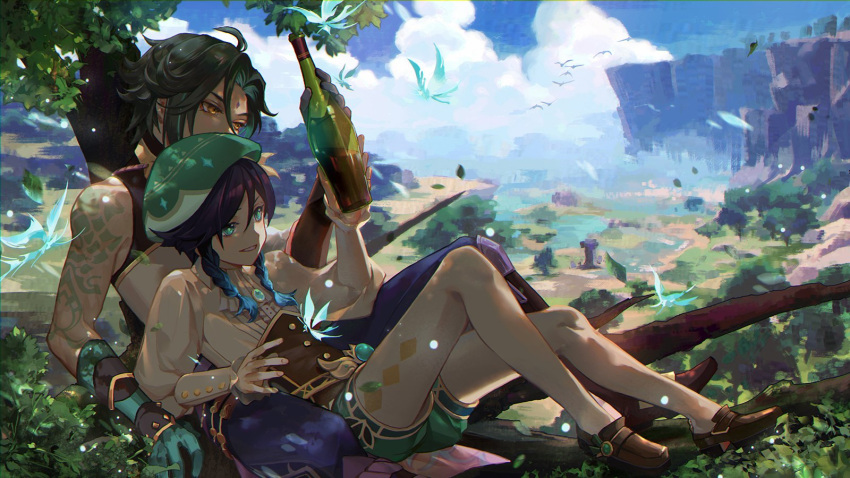 2boys ahoge alcohol androgynous argyle argyle_legwear arm_guards arm_tattoo armor bangs bare_shoulders beret bird black_hair blue_hair blurry blurry_background bottle braid brooch brown_footwear bug butterfly cliff clouds cloudy_sky collared_shirt corset covered_mouth dappled_sunlight day diamond_(shape) eyeshadow facial_mark falling_leaves flower forehead_mark frilled_sleeves frills gem genshin_impact gloves gradient_hair grass green_eyes green_gloves green_hair green_headwear green_shorts hat hat_flower highres holding holding_bottle insect jewelry leaf light_particles long_sleeves lying makeup male_focus multicolored_hair multiple_boys on_back on_person open_mouth outdoors pantyhose parted_bangs red_eyeshadow rokuyo221 shirt shoes short_hair_with_long_locks shorts single_bare_shoulder sky smile sunlight tattoo tree twin_braids two-tone_hair venti_(genshin_impact) vision_(genshin_impact) white_flower white_legwear white_shirt wine wine_bottle xiao_(genshin_impact) yellow_eyes