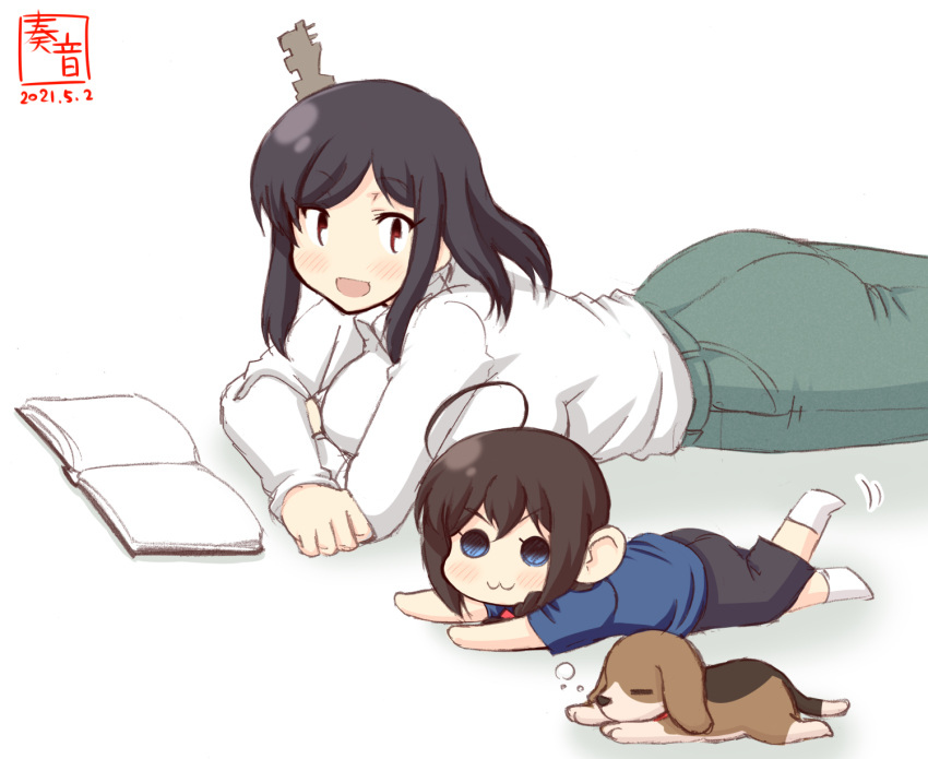2girls :3 ahoge alternate_costume artist_logo black_hair black_pants blue_eyes blue_shirt book brown_hair child commentary_request dated detached_sleeves dog hair_ornament highres kanon_(kurogane_knights) kantai_collection long_sleeves looking_at_another lying multiple_girls on_stomach one-hour_drawing_challenge open_book open_mouth pants puppy red_eyes shigure_(kancolle) shirt short_hair short_sleeves simple_background sleeping smile socks white_background white_legwear white_shirt yamashiro_(kancolle) younger