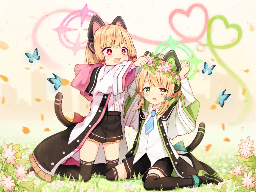 2girls :d animal animal_ears black_footwear black_legwear black_shorts black_skirt blonde_hair blue_archive blue_bow boots bow bug butterfly cat_ear_headphones commentary_request fake_animal_ears flower flower_wreath green_eyes hair_bow halo head_wreath headphones heart insect jacket kneeling layered_sleeves long_sleeves midori_(blue_archive) momoi_(blue_archive) multiple_girls nishina_kakeri on_grass open_clothes open_jacket open_mouth pink_flower pleated_skirt red_bow red_eyes shirt short_over_long_sleeves short_shorts short_sleeves shorts sidelocks sitting skirt smile thigh-highs thighhighs_under_boots twintails wariza white_jacket white_shirt wide_sleeves