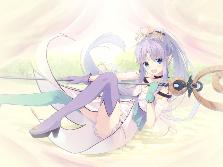 1girl :d black_choker blue_eyes blush boots choker copyright_request gloves green_gloves green_legwear holding holding_staff looking_at_viewer mismatched_gloves mismatched_legwear nagishiro_mito open_mouth pointy_ears ponytail purple_gloves purple_hair purple_legwear smile solo staff thigh-highs thigh_boots