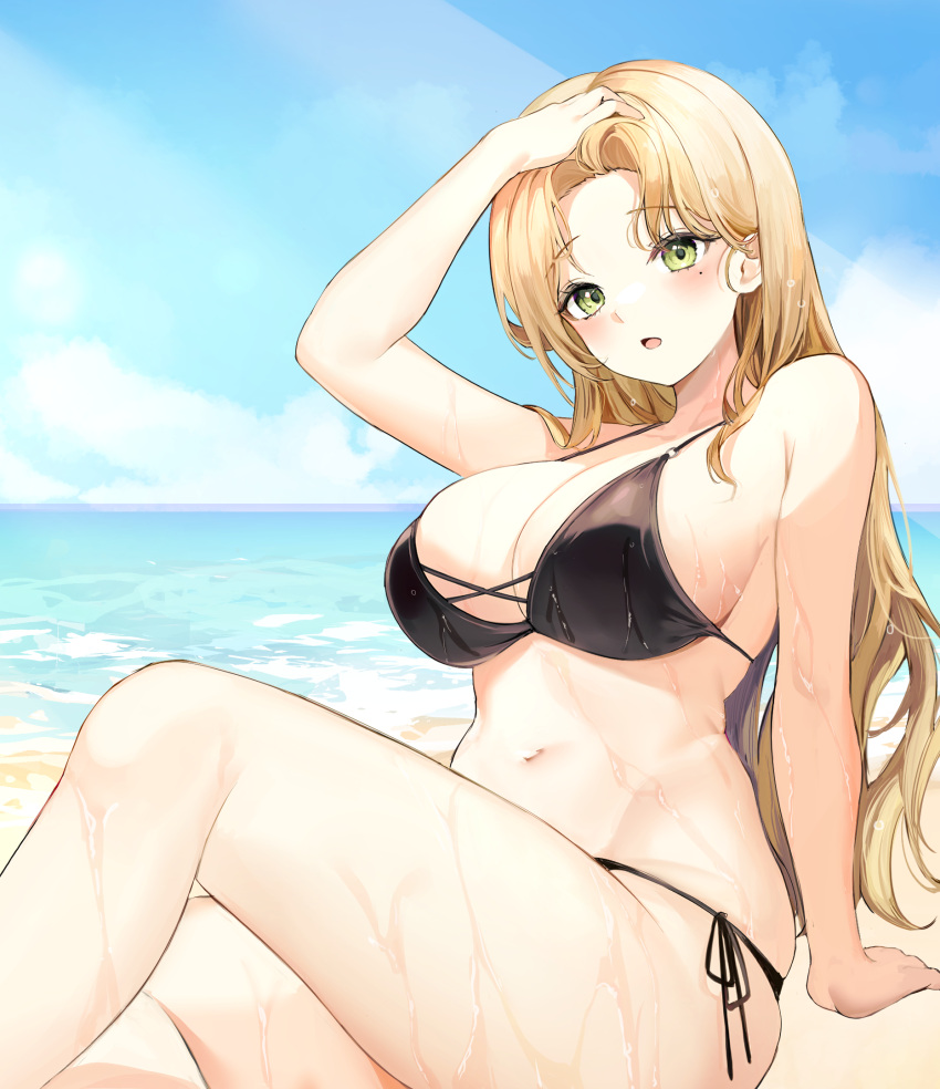 1girl arm_support arm_up bangs beach bikini black_bikini blonde_hair blush breasts commission day dripping green_eyes hand_on_own_head highres horizon knee_up large_breasts lillly long_hair looking_at_viewer mole mole_under_eye navel ocean on_ground open_mouth original outdoors parted_bangs side-tie_bikini sitting skindentation string_bikini swimsuit wet