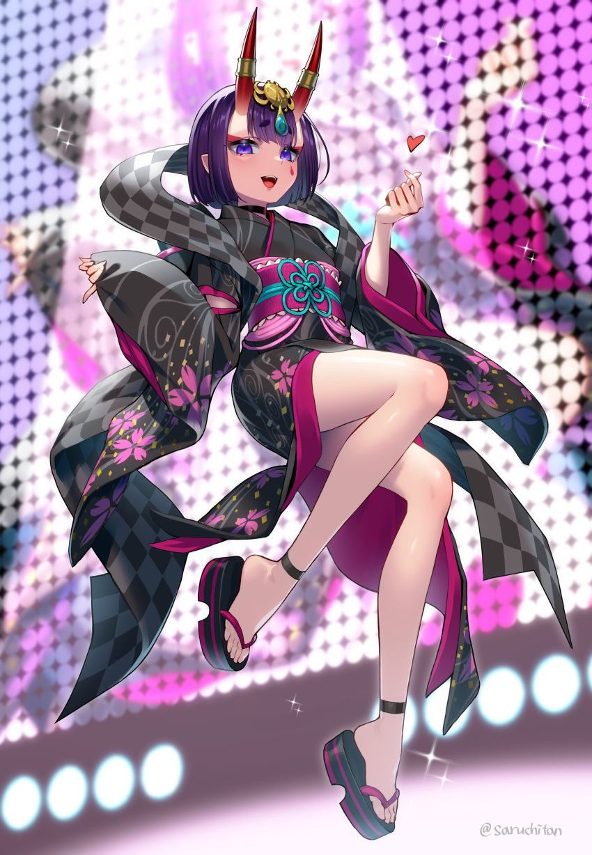 1girl absurdres bangs black_kimono bob_cut breasts eyeliner fate/grand_order fate_(series) floral_print headpiece highres horn_ornament horn_ring horns japanese_clothes kimono legs long_sleeves looking_at_viewer lostroom_outfit_(fate) makeup obi oni oni_horns open_mouth purple_hair sandals saruchitan sash short_hair shuten_douji_(fate) skin-covered_horns small_breasts smile stage stage_lights violet_eyes wide_sleeves
