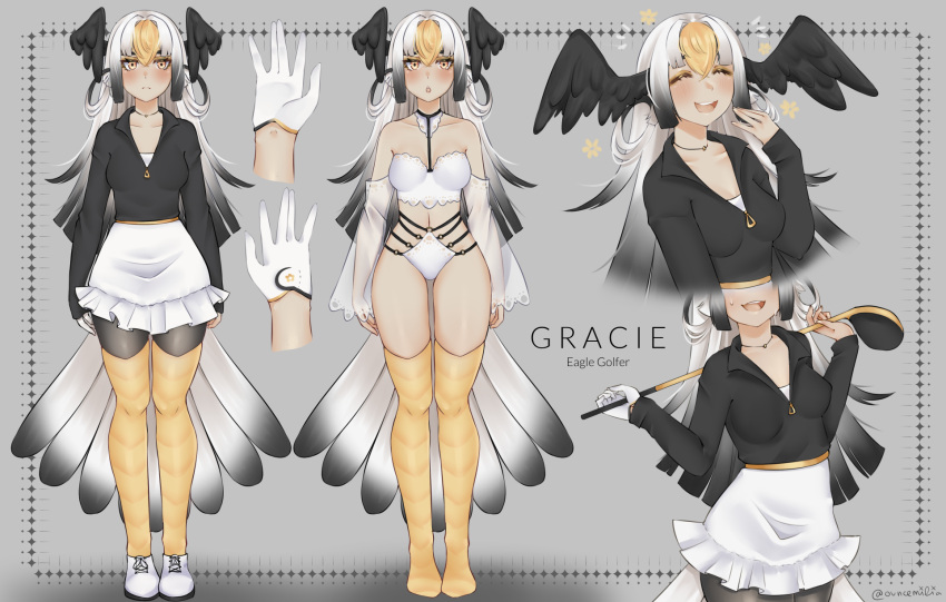 1girl bare_shoulders bike_shorts bird_tail black_feathers black_hair black_shirt black_wings blonde_hair blush breasts character_name closed_mouth commentary commission english_commentary feathered_wings feathers frilled_skirt frills gloves golf_club gradient_hair grey_background hair_rings head_wings highres holding_golf_club jewelry laughing lingerie medium_breasts multicolored_hair multiple_views necklace open_mouth original ouncemilia shirt single_glove skirt sweatdrop tail tail_feathers thigh-highs underwear white_footwear white_gloves white_hair white_skirt wings yellow_eyes yellow_legwear zipper_pull_tab