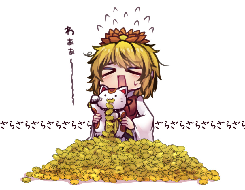 &gt;_&lt; 1girl blonde_hair blush breasts coin commentary_request flower flying_sweatdrops goutokuji_mike hair_flower hair_ornament holding long_sleeves lotus maneki-neko medium_breasts open_mouth rectangular_mouth red_vest simple_background toramaru_shou touhou translation_request twitter_username unime_seaflower upper_body vest white_background