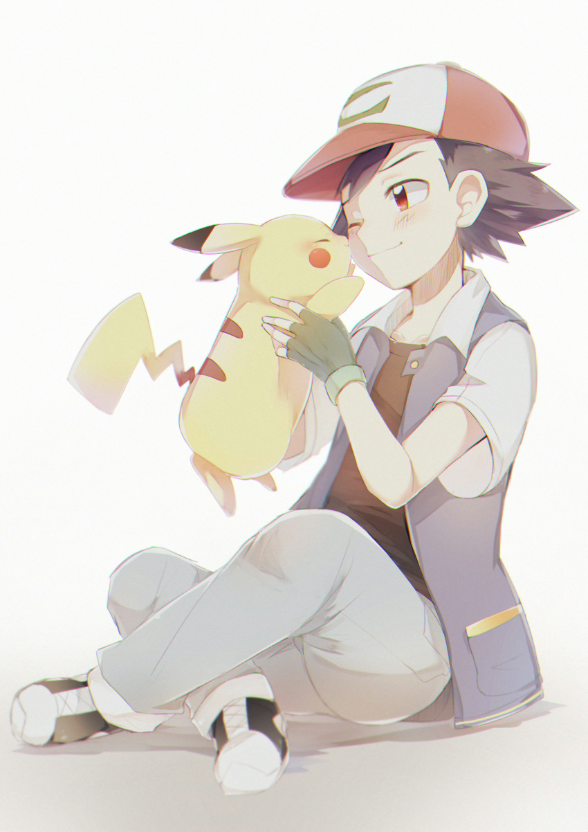 1boy absurdres ash_ketchum bangs baseball_cap blush brown_hair buttons clip_studio_paint_(medium) closed_mouth commentary_request fingerless_gloves gen_1_pokemon gloves green_gloves hat highres holding holding_pokemon jacket male_focus one_eye_closed open_clothes open_jacket pants pikachu pokemon pokemon_(anime) pokemon_(classic_anime) pokemon_(creature) reirou_(chokoonnpu) shirt shoes short_hair short_sleeves sitting smile