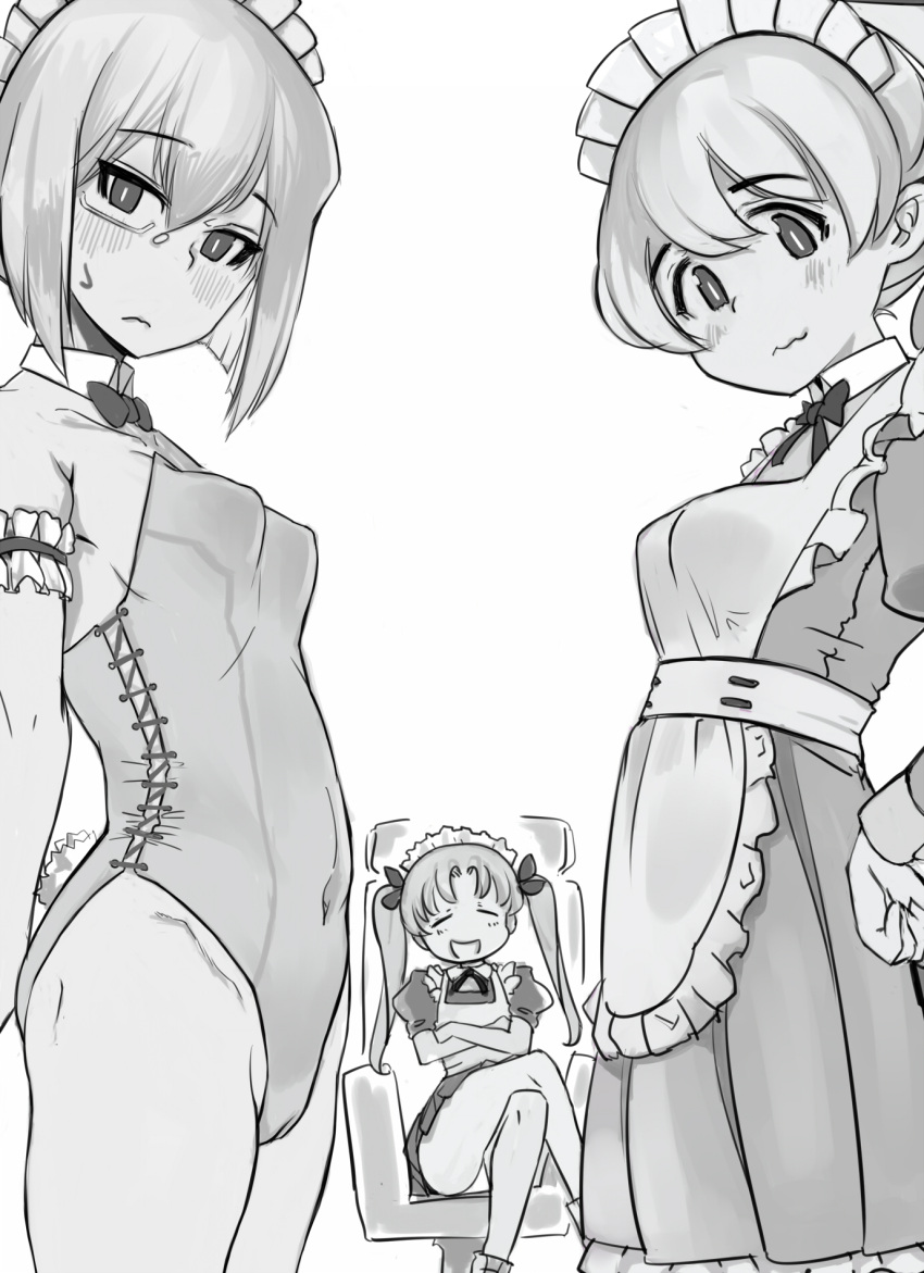 3girls alternate_costume apron arm_garter bangs blush bow bowtie breasts bunny_tail chair closed_eyes closed_mouth collared_dress commentary covered_navel crossed_arms crossed_legs dress enmaided eyebrows_visible_through_hair facing_viewer fake_tail frown girls_und_panzer greyscale hair_ribbon hand_on_hip highleg highleg_leotard highres juliet_sleeves kadotani_anzu kawashima_momo koyama_yuzu leotard long_hair long_sleeves looking_at_viewer maid maid_apron maid_headdress medium_hair monochrome monocle monomono multiple_girls office_chair open_mouth panties pantyshot parted_bangs playboy_bunny pleated_dress puffy_sleeves ribbon semi-rimless_eyewear short_dress short_hair short_ponytail sitting small_breasts smile standing strapless strapless_leotard sweatdrop tail twintails under-rim_eyewear underwear