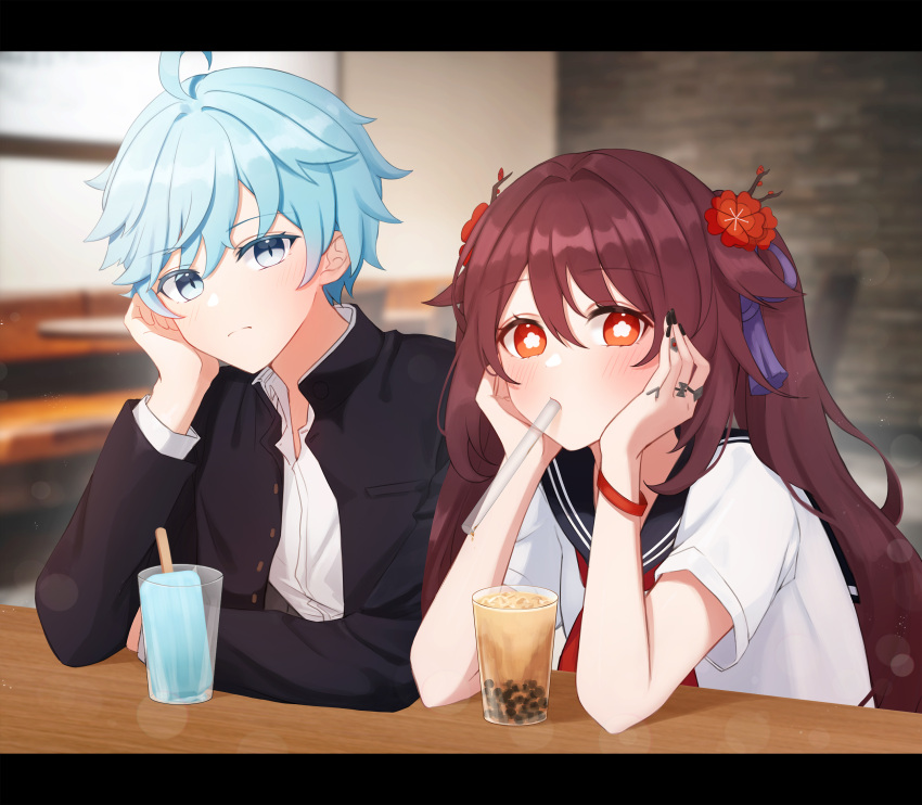 1boy 1girl absurdres alternate_costume blazer blue_eyes blue_hair blush brown_hair bubble_tea cafe chongyun_(genshin_impact) collared_shirt dating drink drinking_straw flower food genshin_impact half-closed_eyes highres hu_tao_(genshin_impact) ice_cream jacket jewelry long_sleeves looking_at_viewer nani_(goodrich) plum_blossoms red_eyes restaurant ring sailor_collar school_uniform serafuku shirt short_sleeves sitting symbol-shaped_pupils table twintails