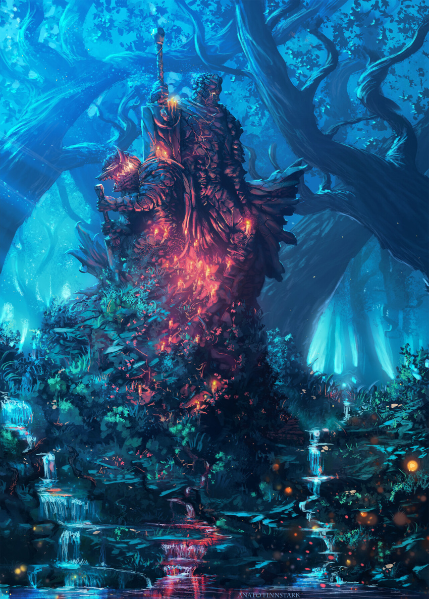 anato_finnstark artist_name berserk berserker_armor dragonslayer_(sword) fireflies flower forest greatsword guts_(berserk) highres holding holding_weapon horns nature no_humans plant scenery statue sword tree water weapon