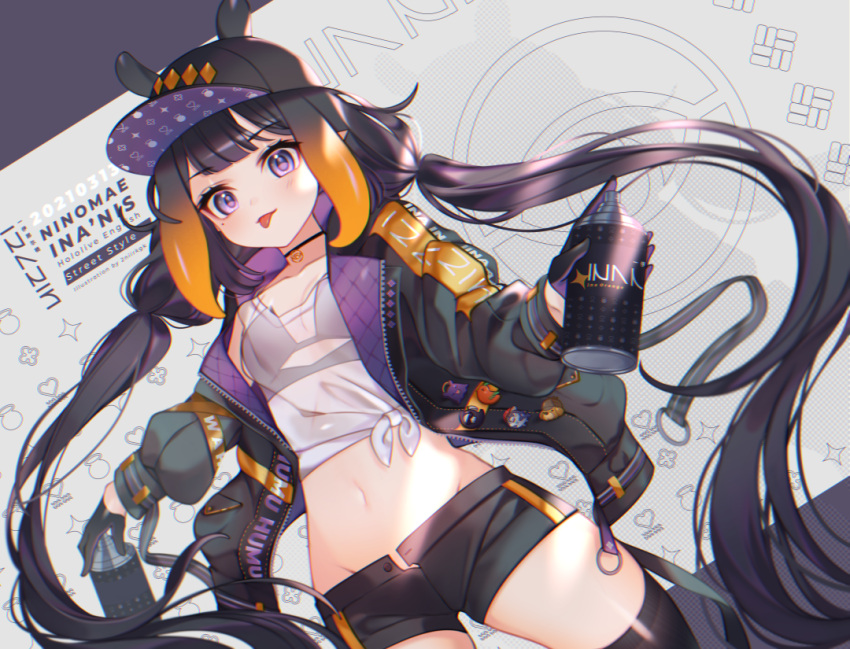 1girl :p bangs black_bra black_gloves black_jacket black_legwear black_shorts blue_eyes bra bra_through_clothes can character_name choker collarbone copyright_name cropped_shirt dated dutch_angle gloves holding holding_can hololive hololive_english jacket long_hair looking_at_viewer low_twintails midriff navel nii_a_sleepy_knee ninomae_ina'nis open_fly purple_hair see-through shirt shorts solo spray_can standing thigh-highs tied_shirt tongue tongue_out twintails underwear virtual_youtuber white_shirt