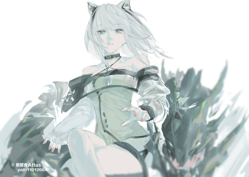 1girl animal_ears arknights atianshi bare_shoulders belt_collar collar criss-cross_halter dress fingernails green_dress green_eyes grey_hair halterneck highres kal'tsit_(arknights) long_hair looking_at_viewer nail_polish parted_lips red_nails short_dress simple_background sitting solo white_background