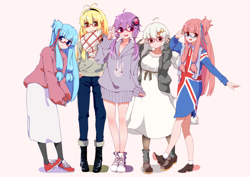 5girls adjusting_eyewear ahoge animal_print blonde_hair blue-framed_eyewear blue_hair blue_shirt blush boots brown_eyes bunny_print closed_mouth denim drawstring dress full_body glasses green_shirt hair_ornament hair_tie hair_tubes hairband hairclip hand_up hands_in_pockets highres hood hoodie jeans kizuna_akari kotonoha_akane kotonoha_aoi leaning_forward long_hair looking_at_viewer mary_janes multiple_girls open_mouth outstretched_arm pants pantyhose pink_background pink_hair plaid plaid_scarf purple_hair purple_hoodie red-framed_eyewear red_sweater scarf semi-rimless_eyewear shirt shoes sidelocks skirt smile sneakers standing star_(symbol) star_hair_ornament striped striped_legwear sweater tsurumaki_maki union_jack vertical-striped_legwear vertical_stripes vocaloid voiceroid white_dress white_hair white_skirt yusake_san yuzuki_yukari