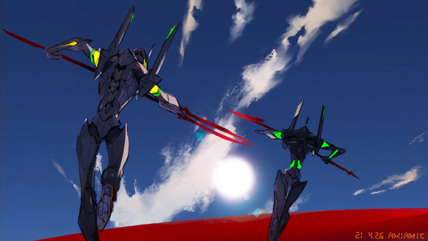 amiami bident blue_sky clouds cloudy_sky dated eva_01 highres holding holding_polearm holding_spear holding_weapon mecha neon_genesis_evangelion no_humans outdoors polearm running signature sky spear sun weapon