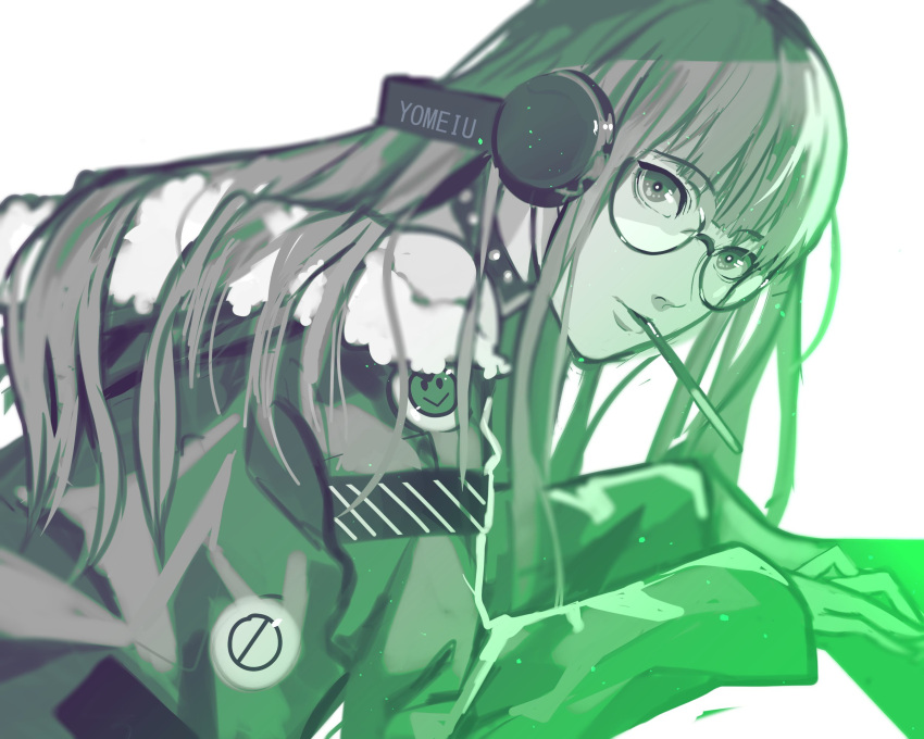 1girl ahoge arm_up arms_up bangs bare_shoulders behind-the-head_headphones black_choker blunt_bangs candy carmendeil choker coat eating eyebrows_visible_through_hair food food_in_mouth from_side fur-trimmed_coat fur_trim glasses glowing green_coat greyscale head_tilt headphones highres hime_cut hood hood_down hooded_coat long_hair looking_back monochrome orange_hair persona persona_5 pocky sakura_futaba simple_background snack solo_focus turning_head v_arms white_background