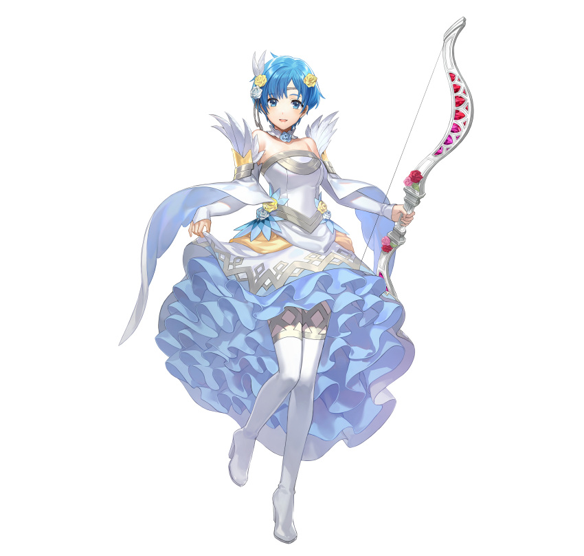 1girl absurdres bangs blue_eyes blue_hair bow_(weapon) commentary dress fire_emblem fire_emblem:_the_binding_blade fire_emblem_heroes full_body hair_ornament highres holding holding_bow_(weapon) holding_weapon official_art shanna_(fire_emblem) short_hair simple_background solo weapon wedding_dress white_dress