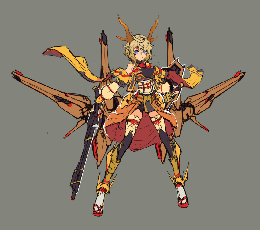 1girl akatsuki_gundam antlers bangs blonde_hair blue_eyes boots breasts grey_background gun gundam gundam_seed gundam_seed_destiny holding holding_gun holding_sword holding_weapon katana mecha_musume mechanical_wings medium_breasts nakamura_eight obi personification sash shield short_hair smile solo sword thigh-highs thigh_boots weapon wings