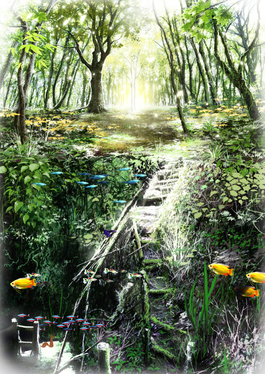 absurdres animal bare_tree branch commentary_request dappled_sunlight fish forest goldfish grass highres ladder light light_particles moss nature no_humans original pajaman plant pond scenery seaweed shadow sky stairs sunlight transparent tree vines water
