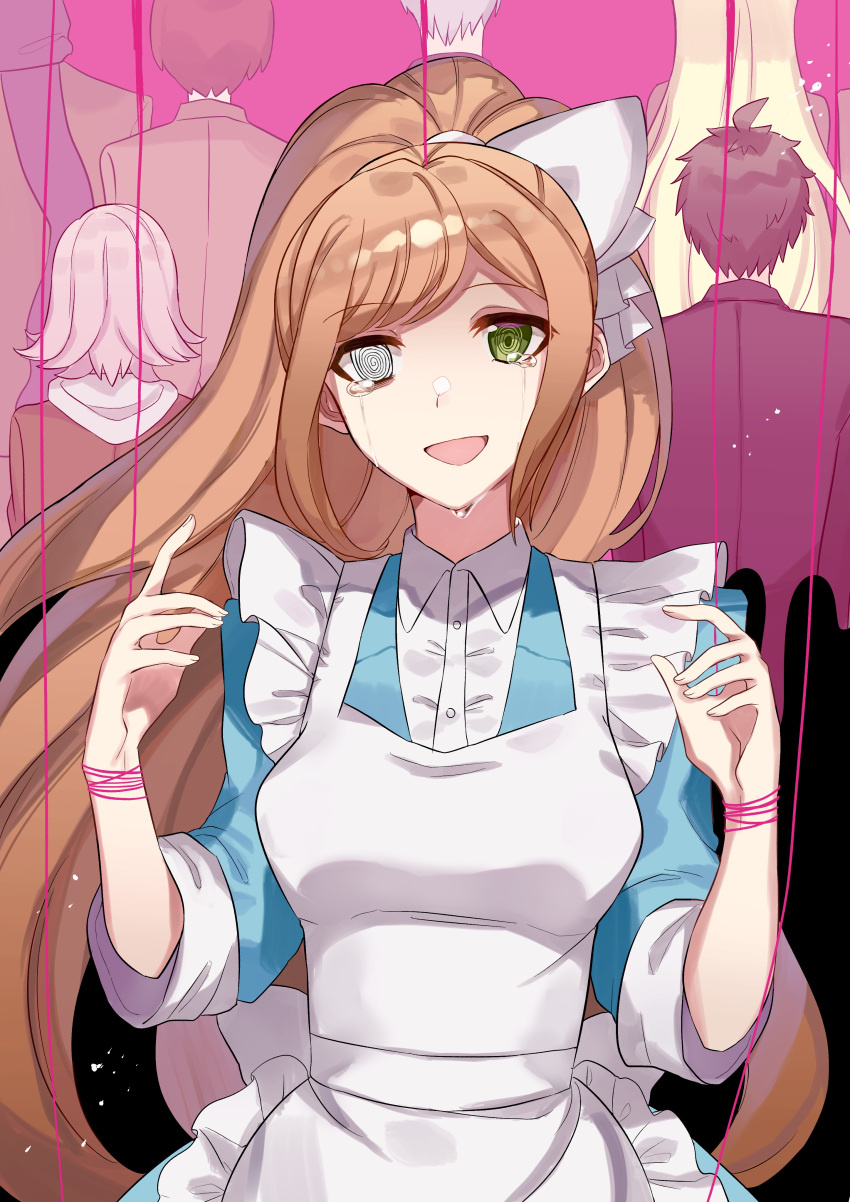 3boys 4girls absurdres apron bangs blue_dress bow breasts brown_hair commentary_request crazy_eyes crying crying_with_eyes_open dangan_ronpa_(series) dangan_ronpa_3_(anime) dress eyebrows_visible_through_hair facing_away from_behind green_eyes hair_bow hair_ribbon hands_up high_ponytail highres hinata_hajime hope's_peak_academy_school_uniform jewelry koizumi_mahiru large_breasts long_hair looking_at_viewer maid_apron medium_hair multiple_boys multiple_girls nanami_chiaki open_mouth orange_hair ponytail ribbon rin_(yukameiko) school_uniform short_hair smile solo_focus sonia_nevermind tanaka_gandamu tears white_apron white_bow white_ribbon yukizome_chisa