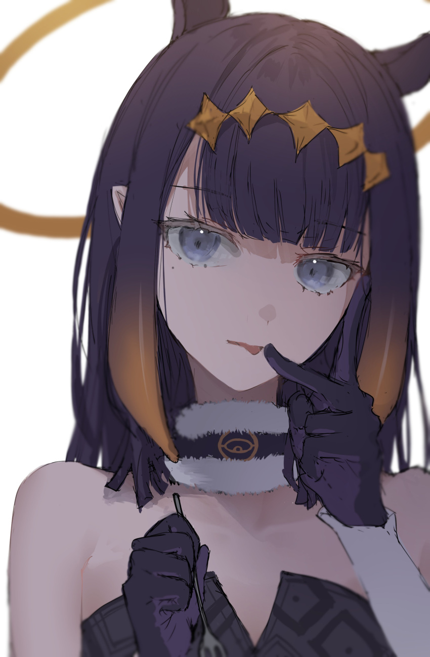 1girl absurdres bangs bare_shoulders blue_eyes collarbone english_commentary finger_licking fork gloves hair_flaps halo head_tilt highres holding holding_fork hololive hololive_english itagaku licking looking_at_viewer mole mole_under_eye ninomae_ina'nis pointy_ears purple_gloves purple_hair solo tongue tongue_out virtual_youtuber white_background