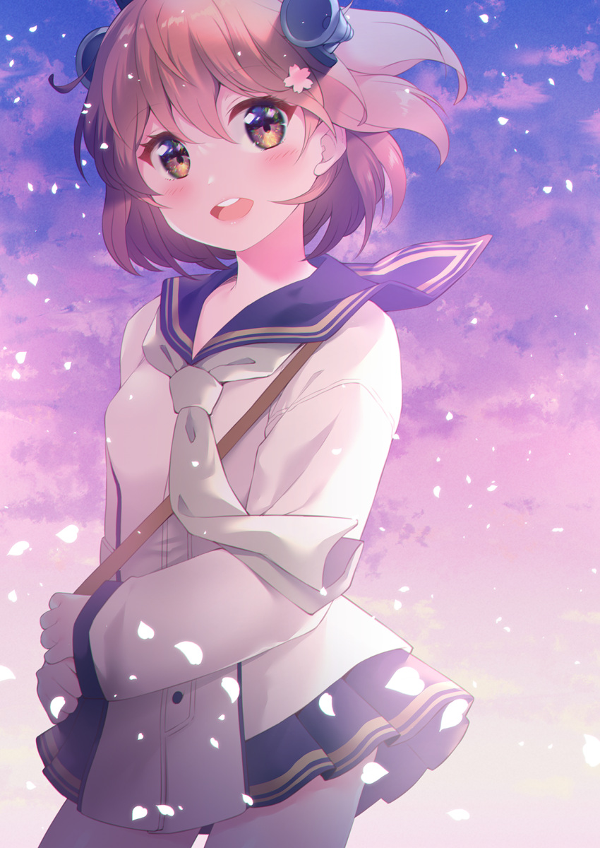 1girl :d bangs blue_sailor_collar blue_skirt breasts brown_eyes brown_hair commentary_request dress eyebrows_visible_through_hair flower hair_between_eyes hair_flower hair_ornament headgear highres kantai_collection long_sleeves looking_at_viewer open_mouth pink_flower pleated_skirt round_teeth sailor_collar sailor_dress skirt sleeves_past_wrists small_breasts smile solo teeth tsukimochikuriko_(tsukimochi_k) upper_teeth white_dress white_neckwear yukikaze_(kancolle)