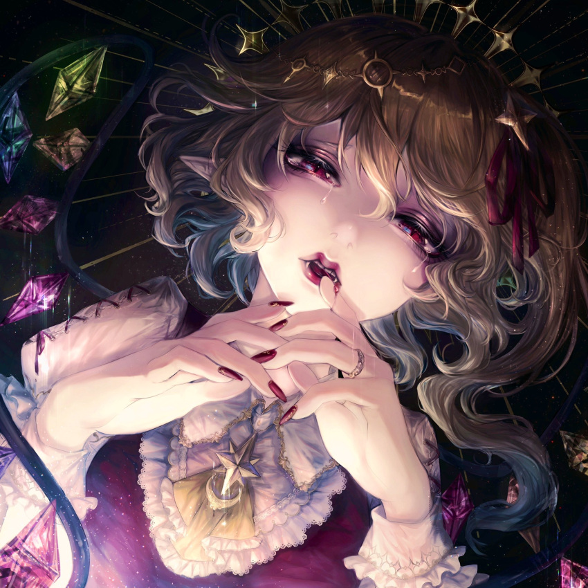 1girl bangs biting black_background blonde_hair blood blue_hair colored_inner_hair commentary cravat crescent cross-laced_sleeves crying crying_with_eyes_open crystal diadem dutch_angle embellished_costume english_commentary eyelashes fangs finger_biting fingernails flandre_scarlet frilled_cuffs glowing gold gold_trim hair_ornament hair_ribbon half-closed_eyes hands_up head_wreath highres jewelry kyogoku-uru lace lace-trimmed_neckwear light_particles long_fingernails looking_at_viewer medium_hair multicolored_hair nail_polish no_hat no_headwear one_side_up pointy_ears puffy_short_sleeves puffy_sleeves red_eyes red_lips red_nails red_ribbon red_vest ribbon ring shirt short_sleeves sidelocks slit_pupils solo star_(symbol) star_hair_ornament tears teeth touhou vest white_neckwear white_shirt wing_collar wings wrist_cuffs yellow_neckwear
